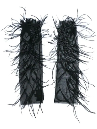 J Mendel J. Mendel Feather Embellished Mesh Evening Gloves - Black