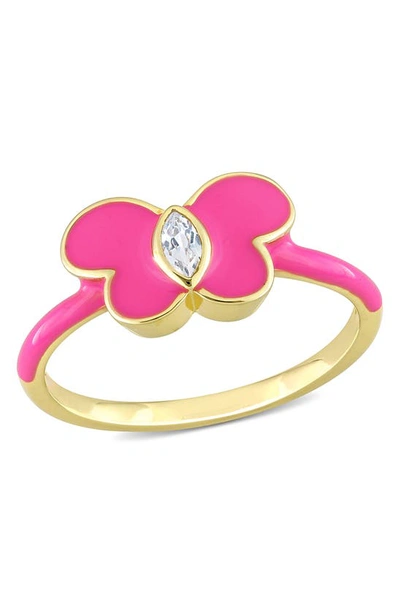 Delmar Gold Plated Created White Sapphire Enamel Ring In Pink