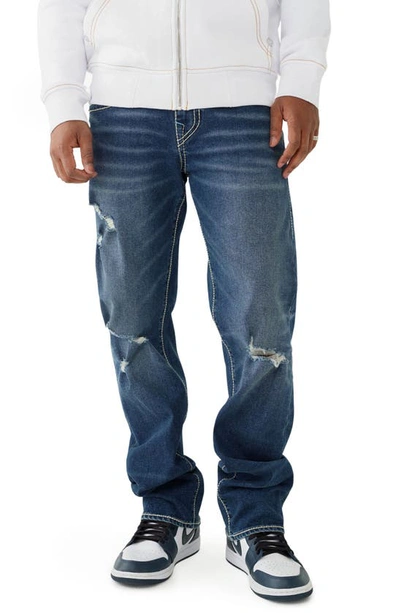 True Religion Brand Jeans Ricky Big T Straight Jeans In Piffile Dark Wash With Rips