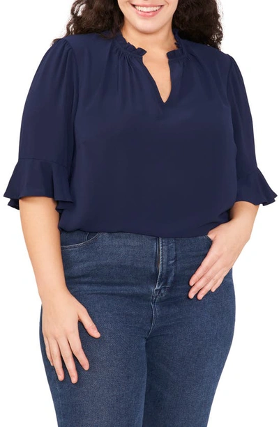 Cece Split Neck Blouse In Navy Blue Jay