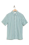 Create Unison Linen & Cotton Button-up Shirt In Green Multi Stripe