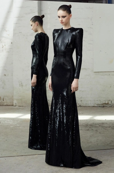Alex Perry Lane Black Long Sleeve Sequin Gown