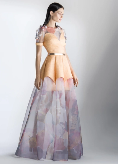 Saiid Kobeisy Sk By  Short Sleeve Illusion Gown In Orange Pop