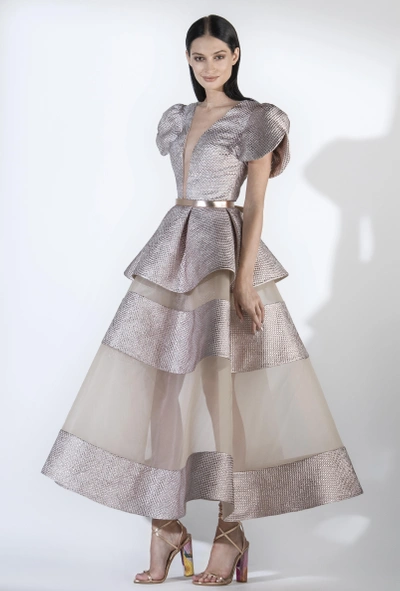 Saiid Kobeisy Sk By  Structured Short Sleeve Peplum Brocade Gown In Metallic Pink