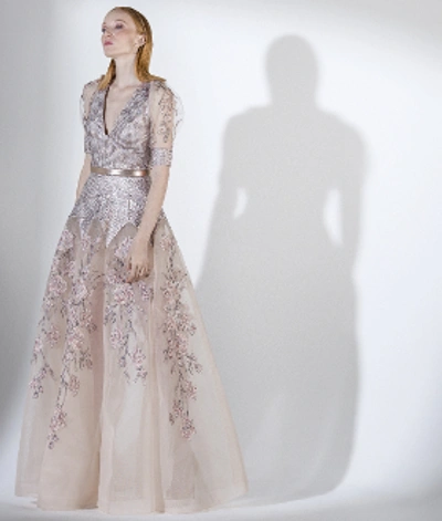 Saiid Kobeisy Sk By  Short Sleeve Tulle And Brocade Gown In Metallic Pink