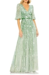 Mac Duggal Sequin Surplice Tulle Gown In Sage