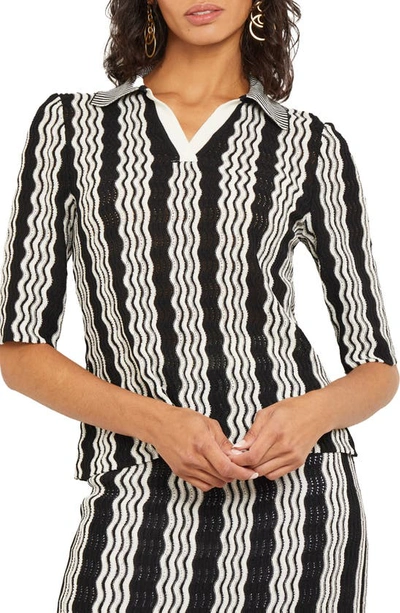 Misook Pointelle Stitch Intarsia V-neck Short Sleeve Sweater In Black White