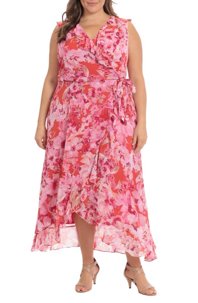 Maggy London Floral Ruffle V-neck Sleeveless Wrap Dress In Coral Pink