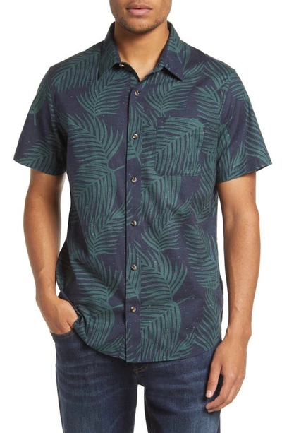 Travis Mathew Sugar Rim Frond Print Short Sleeve Stretch Cotton Button-up Shirt In Blue Nights