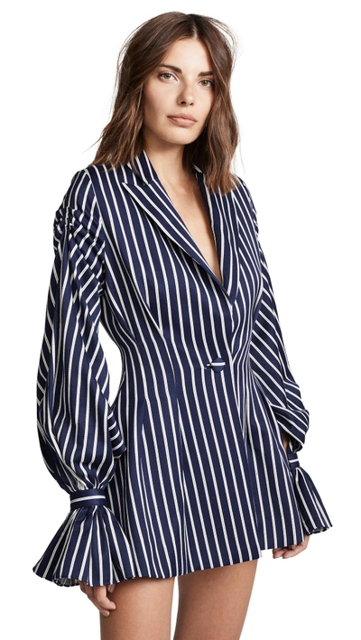 Vatanika Pinstripe Ruffle Blazer Dress In Navy/white