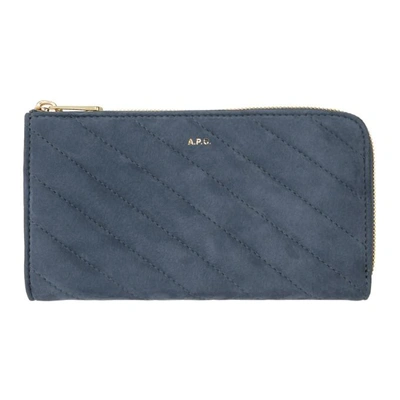 Apc A.p.c. Blue Quilted Suede Lise Wallet In Iac Bleugri