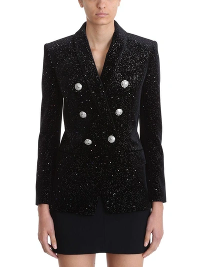 Balmain Embroidery Strass All Over Double-breasted Blazer In Black