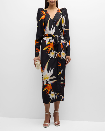 Rotate Birger Christensen Floral-print Long-sleeve Midi Wrap Dress In Burning Water Lil