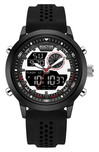 Kenneth Cole Reaction Analog & Digital Display Silicone Strap Watch, 48mm In Black