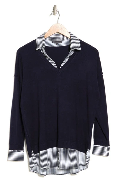 Adrianna Papell Twofer Sweater In Navy W/ Navy Small Stripe