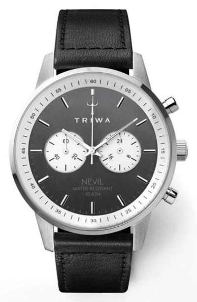 Triwa Slate Nevil Leather Strap Watch, 42mm In Black/ Grey/ Silver