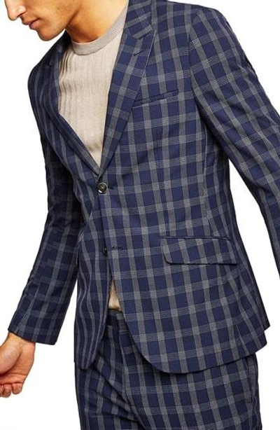 Topman Muscle Fit Check Suit Jacket In Navy Blue Multi