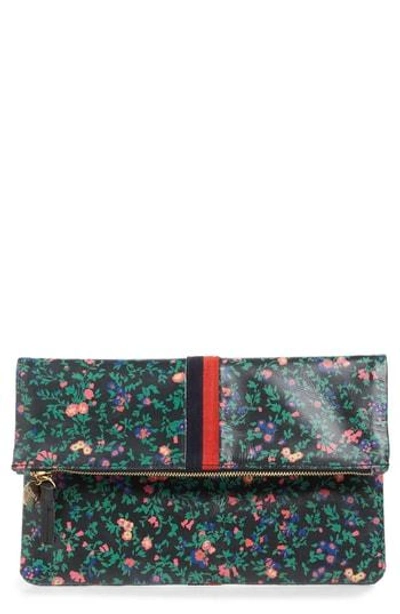 Clare V Foldover Ditzy Floral Leather Clutch In Black