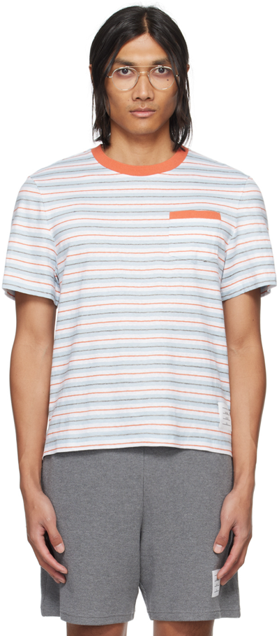 Thom Browne Striped Stretch-linen T-shirt In 460 Medium Blue