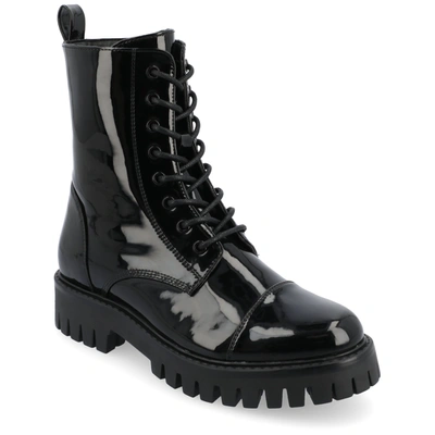 Journee Collection Women's Aaley Medium And Wide Width Lug Combat Bootie In Black Patent