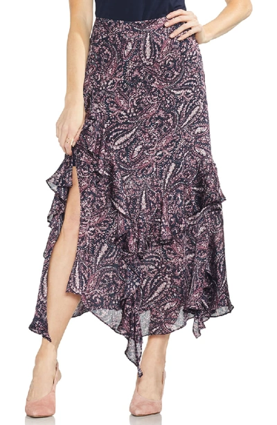 Vince Camuto Asymmetric Tiered Ruffle Paisley Skirt In Classic Navy