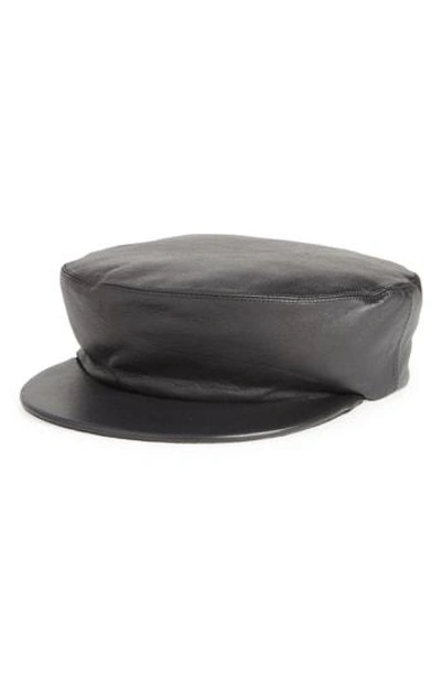 Clyde Acton Lambskin Leather Baker Boy Cap In Black