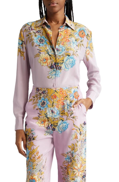 Etro Floral Silk Button-up Shirt In Print On Purple Base