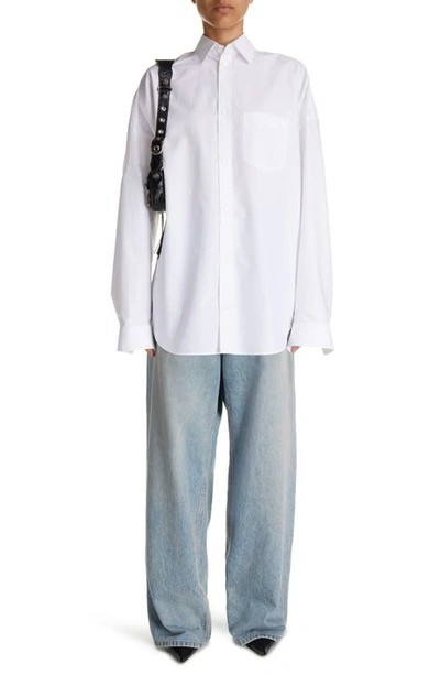 Balenciaga Oversize Crystal Logo Cotton Button-up Cocoon Shirt In White