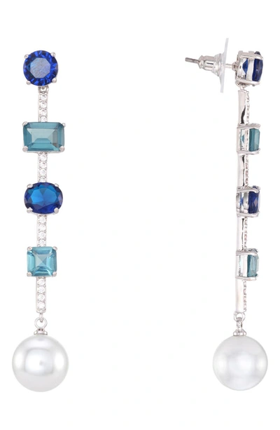 Nina Silver-tone Stone & Imitation Pearl Linear Drop Earrings In Pearl/ Sapphire/ Silver