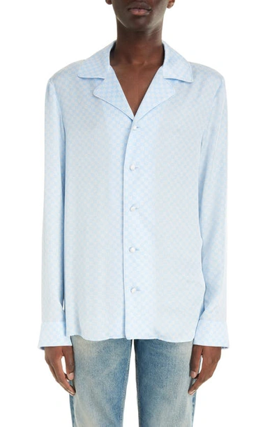 Balmain Mini Monogram Satin Button-up Shirt In Light Blue Ivory