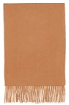 Mulberry Embroidered Logo Fringe Trim Cashmere Scarf In Dark Camel