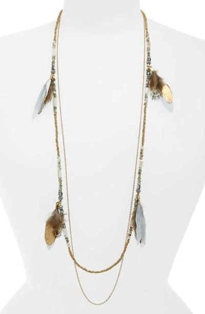 Panacea Double Layer Feather Necklace In Grey