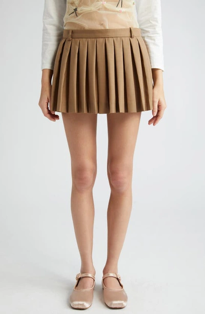 Sandy Liang Poko Eyelet Inset Pleated Wool Blend Miniskirt In Taupe