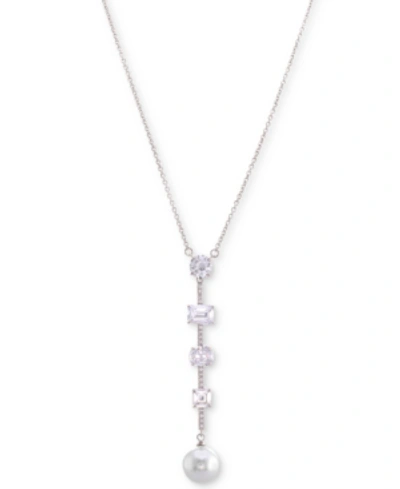 Nina Silver-tone Crystal And Stone Bar & Disc Lariat Necklace, 17" + 3" Extender In Rhodium/ Ivory