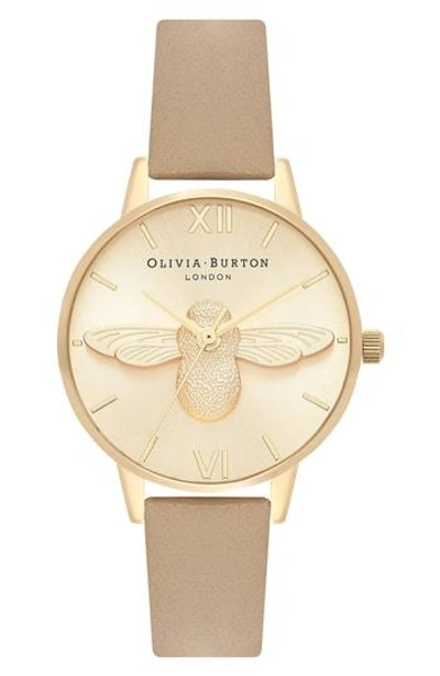 Olivia Burton Bee Leather Strap Watch, 30mm In Sand/ Bee/ Gold