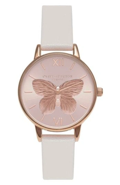 Olivia Burton 3d Butterfly Leather Strap Watch, 30mm In Blush/ Rose Gold