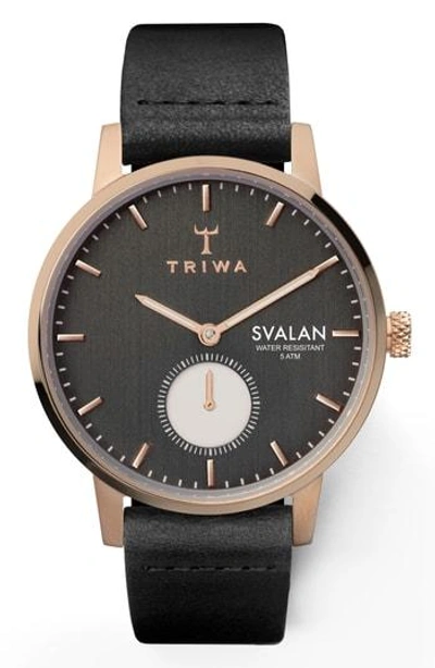 Triwa Noir Svalan Leather Strap Watch, 34mm In Black/ Rose Gold