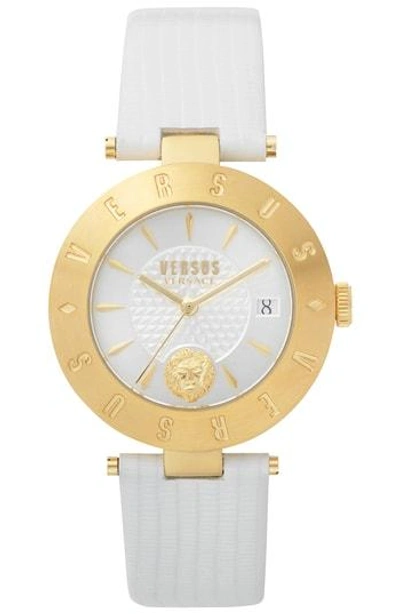 Versace Logo Leather Strap Watch, 34mm In White/ Gold