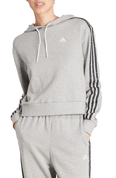 Adidas Originals 3-stripes Leopard Print Crop Pullover Hoodie In Medium Grey Heather/ Grey