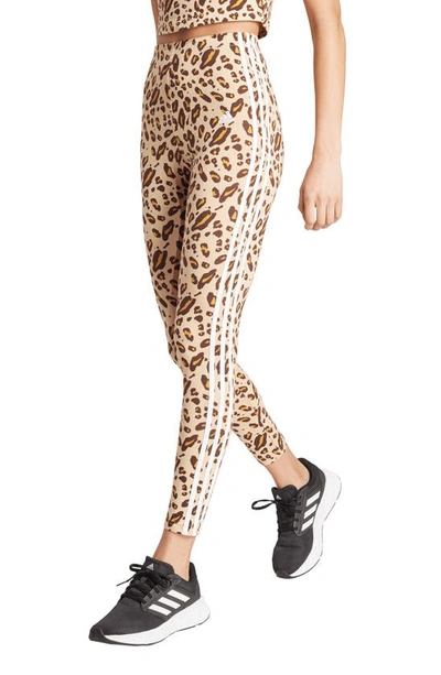 Adidas Originals 3-stripes Leopard Print High Waist Leggings In Beige/ Mesa/ Shadow Brown