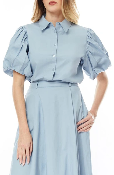 By Design Abigail Puff Sleeve Button-up Top In Dusty Blue