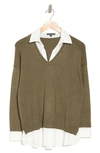 Adrianna Papell Twofer Sweater In Oak Olive/ Ivory