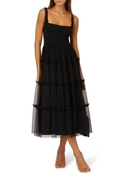 Adrianna Papell Mesh Overlay Tiered Midi Cocktail Dress In Black