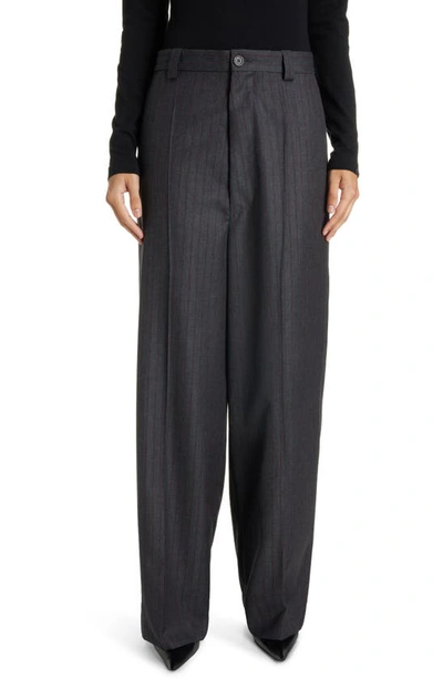 Balenciaga Gender Inclusive Relaxed Fit Pinstripe Virgin Wool Pants In Grey/ Red