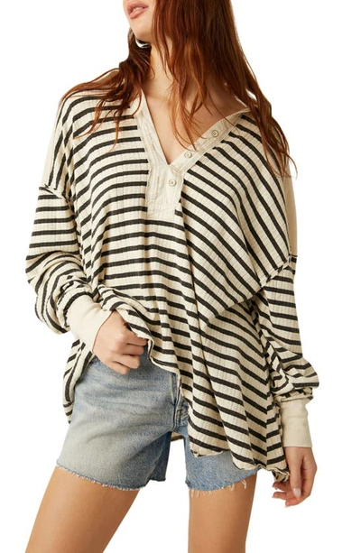 Free People All For You Stripe Long Sleeve Rib Polo Shirt In Beige