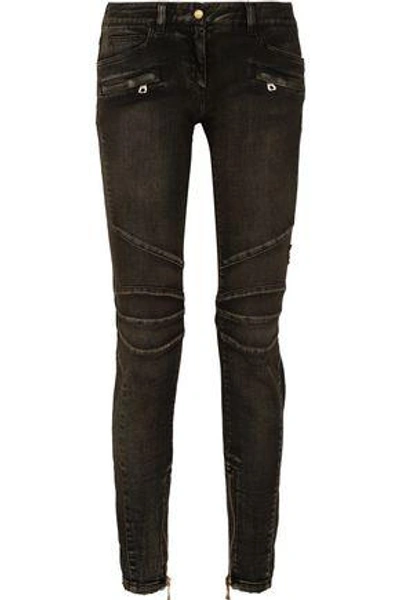 Balmain Woman Moto-style Faded Low-rise Skinny Jeans Black