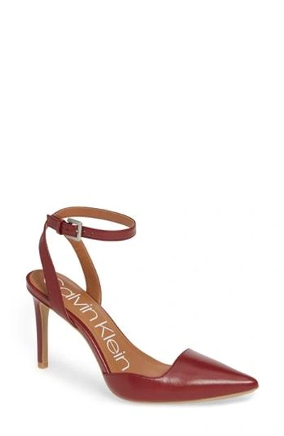 Calvin Klein Raffaela Ankle Strap Pump In Red Rock Leather
