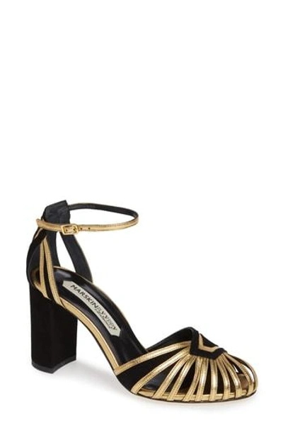 Marskinryyppy Winny Ankle Strap Pump In Gold Leather Black Suede