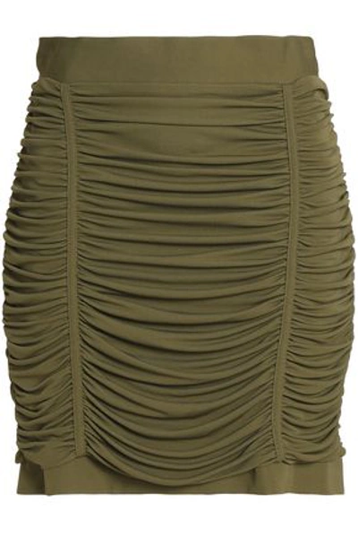 Balmain Ruched Jersey Mini Skirt In Army Green