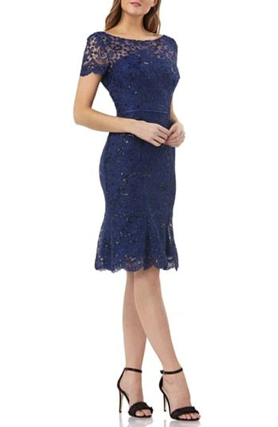 Js Collections Sequin Corded Lace Cocktail Sheath In Midnight